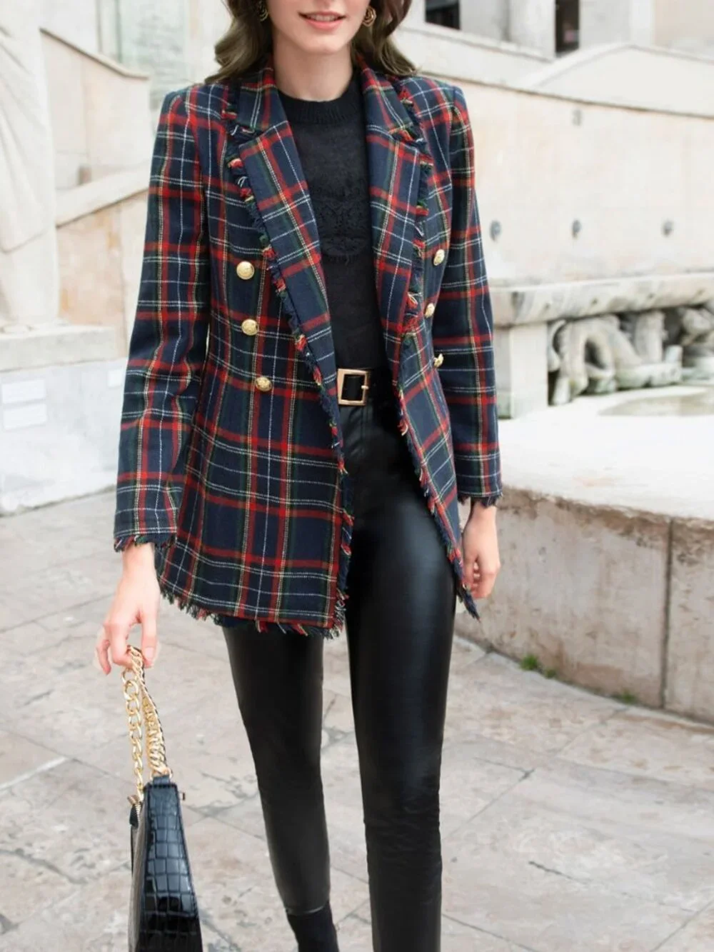 Multicolor Elegant Women's Lapel Collar Fringe Trim Tartan Blazer